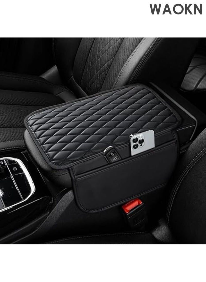 WAOKN Car Center Console Cover , Upgraded Microfiber Leather Car Arm Rest Cover with 2 Storage Bags , Universal Armrest Cover for Car Storage Box , Car Interior Accessories Protector for Most Vehicle , black - Image 1